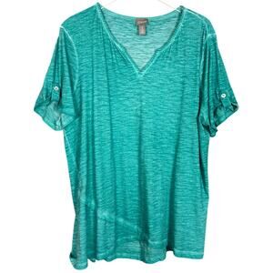 Chicos Green Blue Slub Shirt Split Neck Short Sleeve Size 3 US XL